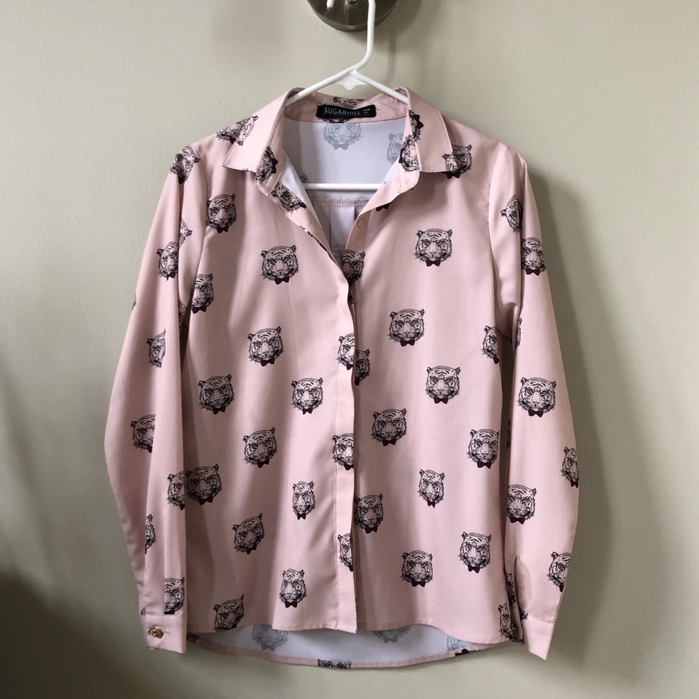 Blush blouse with tigers wearing bow ties